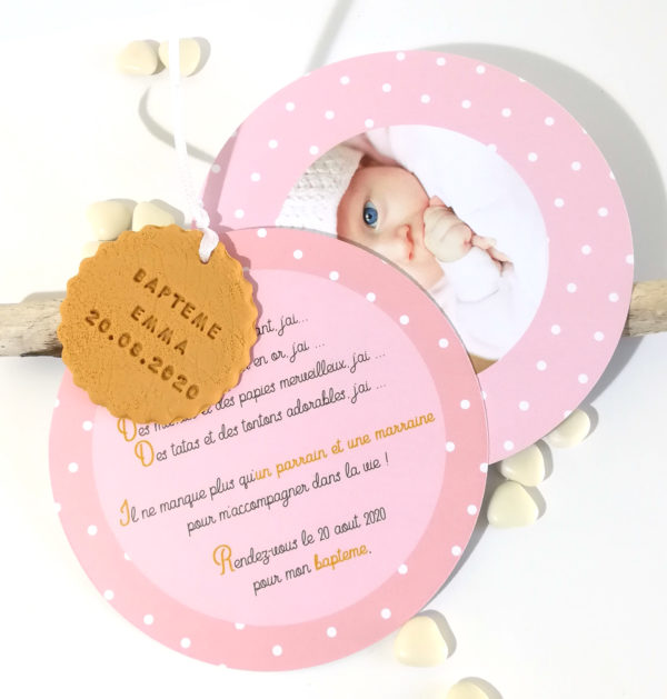 faire-part pois rose rond, fille, gourmandise
