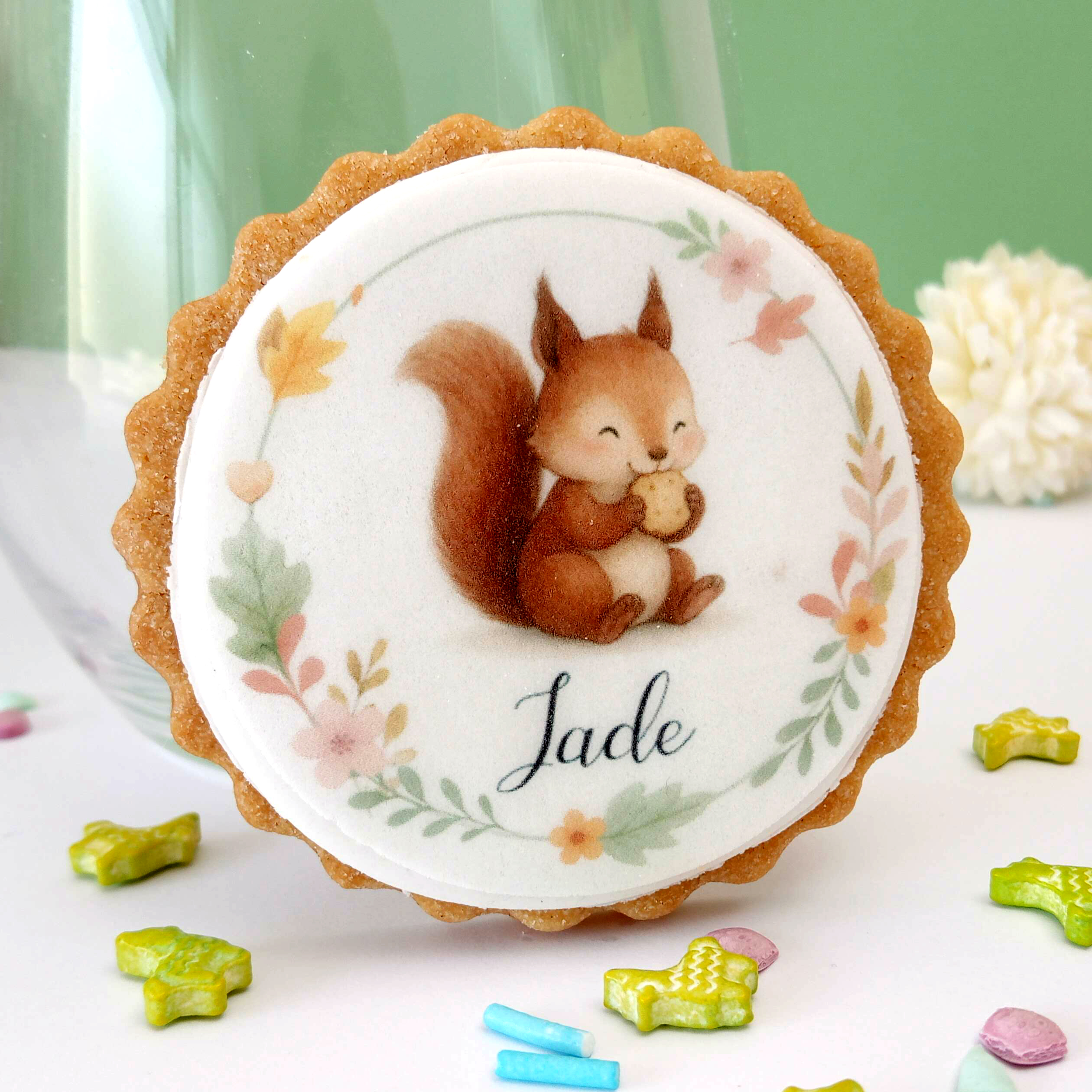 biscuit-sable-naissance-fille-ou-garcon-illustration-ecureuil-ton-vert-orange-tendresse