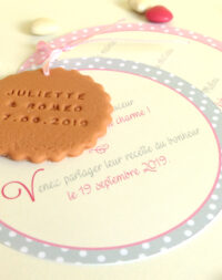 Faire-part mariage biscuit rond, thème pois