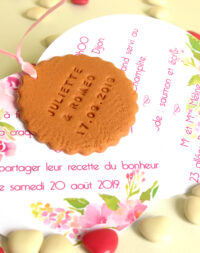 Faire-part mariage biscuit rond, thème fleuri/liberty