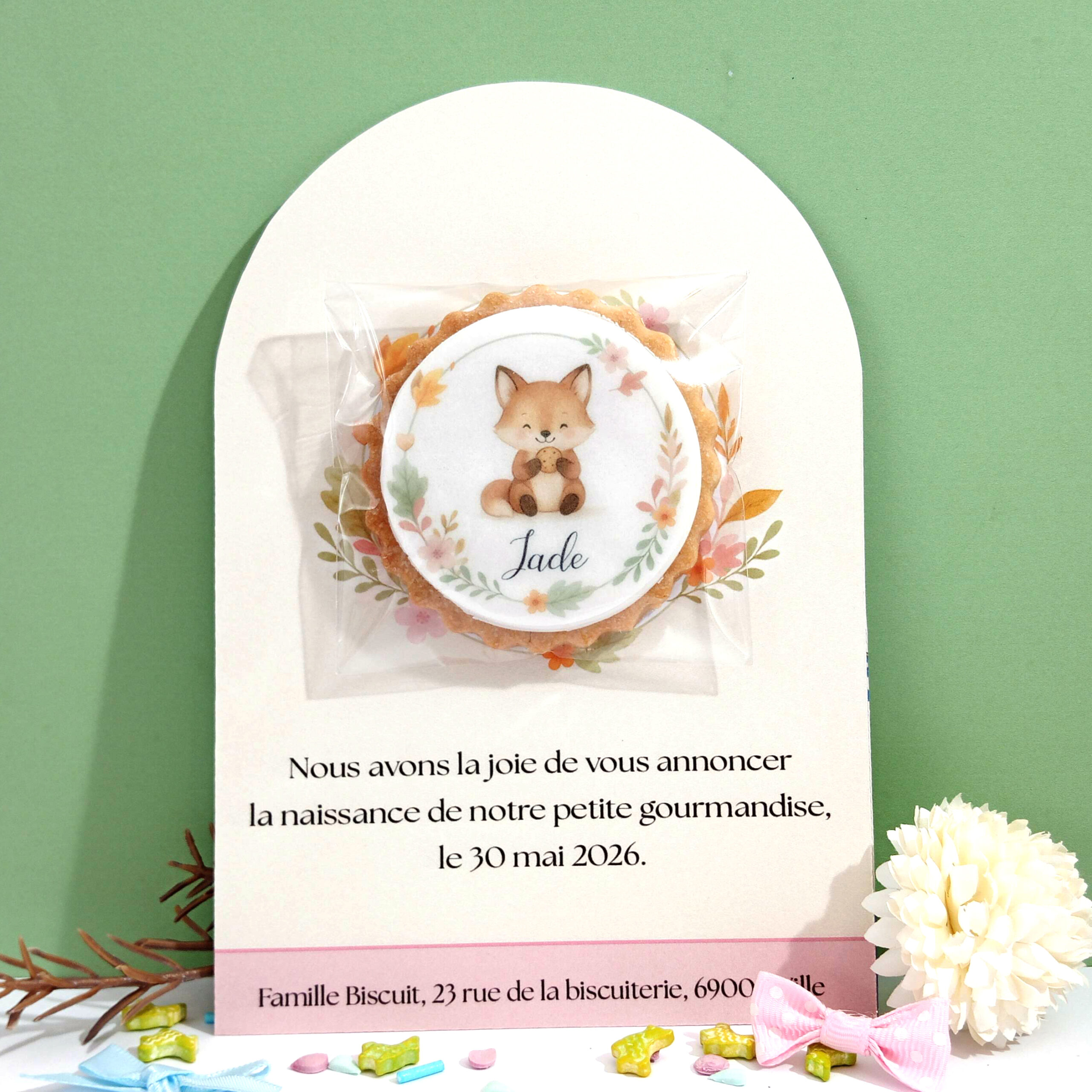 carte-naissance-nature-renard-illustration-sur-biscuit-creation-sur-mesure