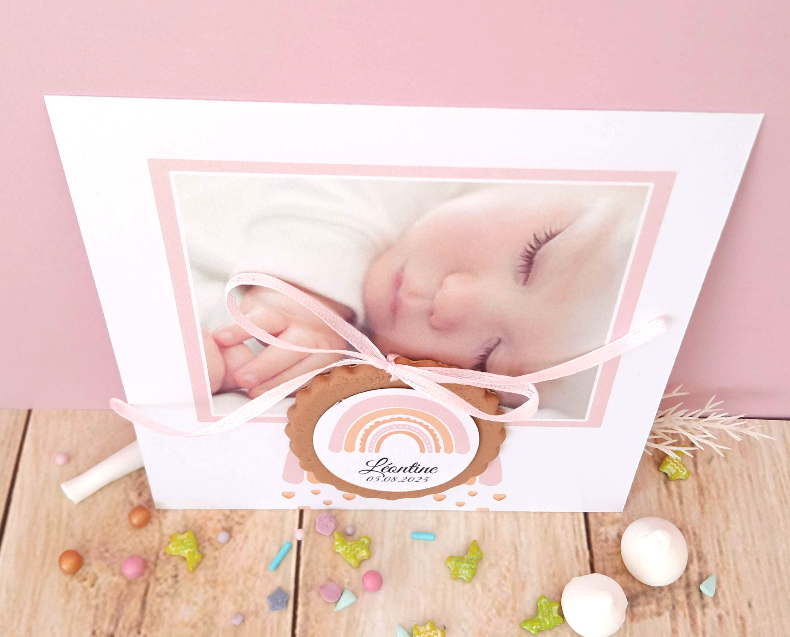 carte-arc-en-ciel-avec-biscuit-rose-souvenir-de-naissance-photo-a-croquer