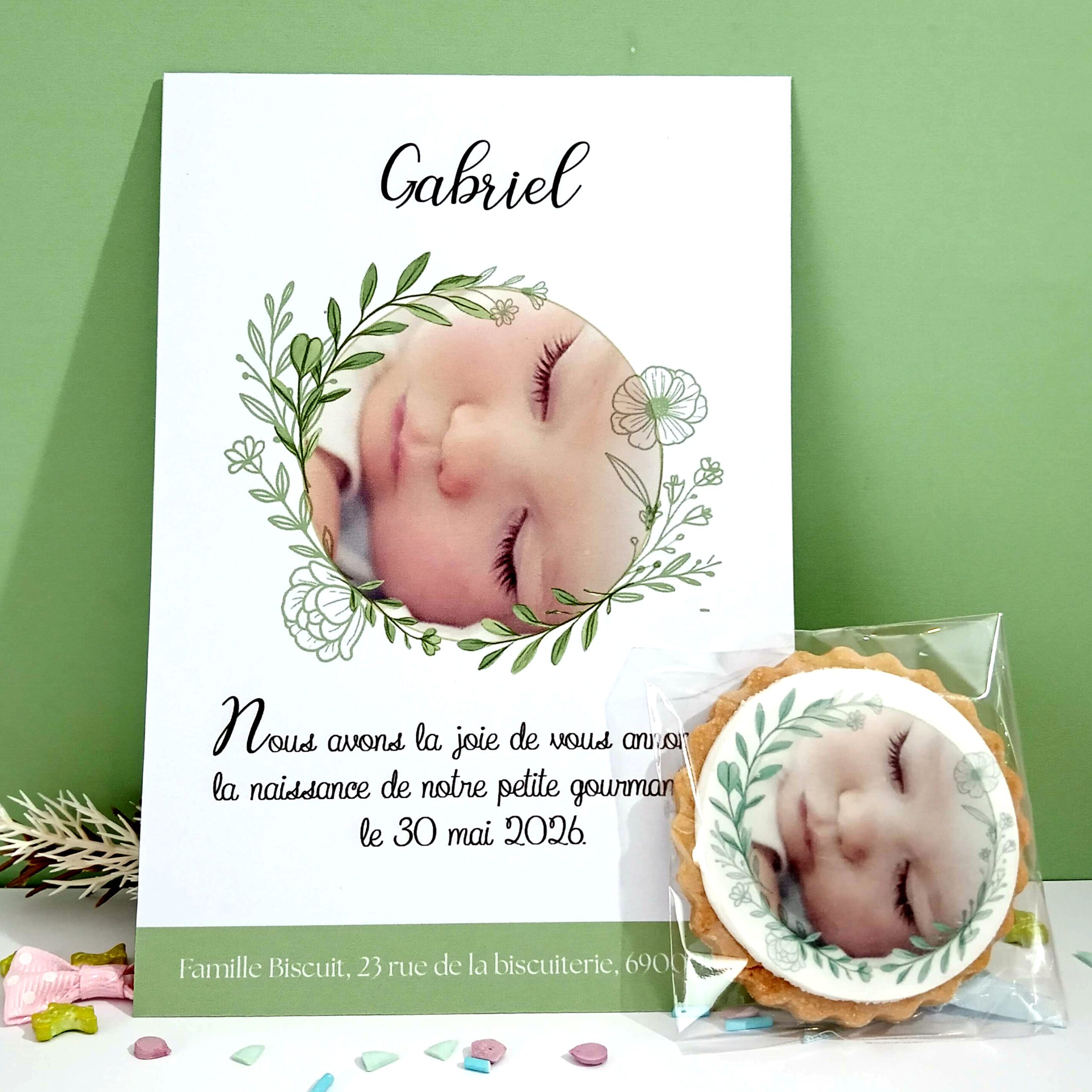 carte-naissance-biscuit-personnalise-theme-nature-vert-sauge