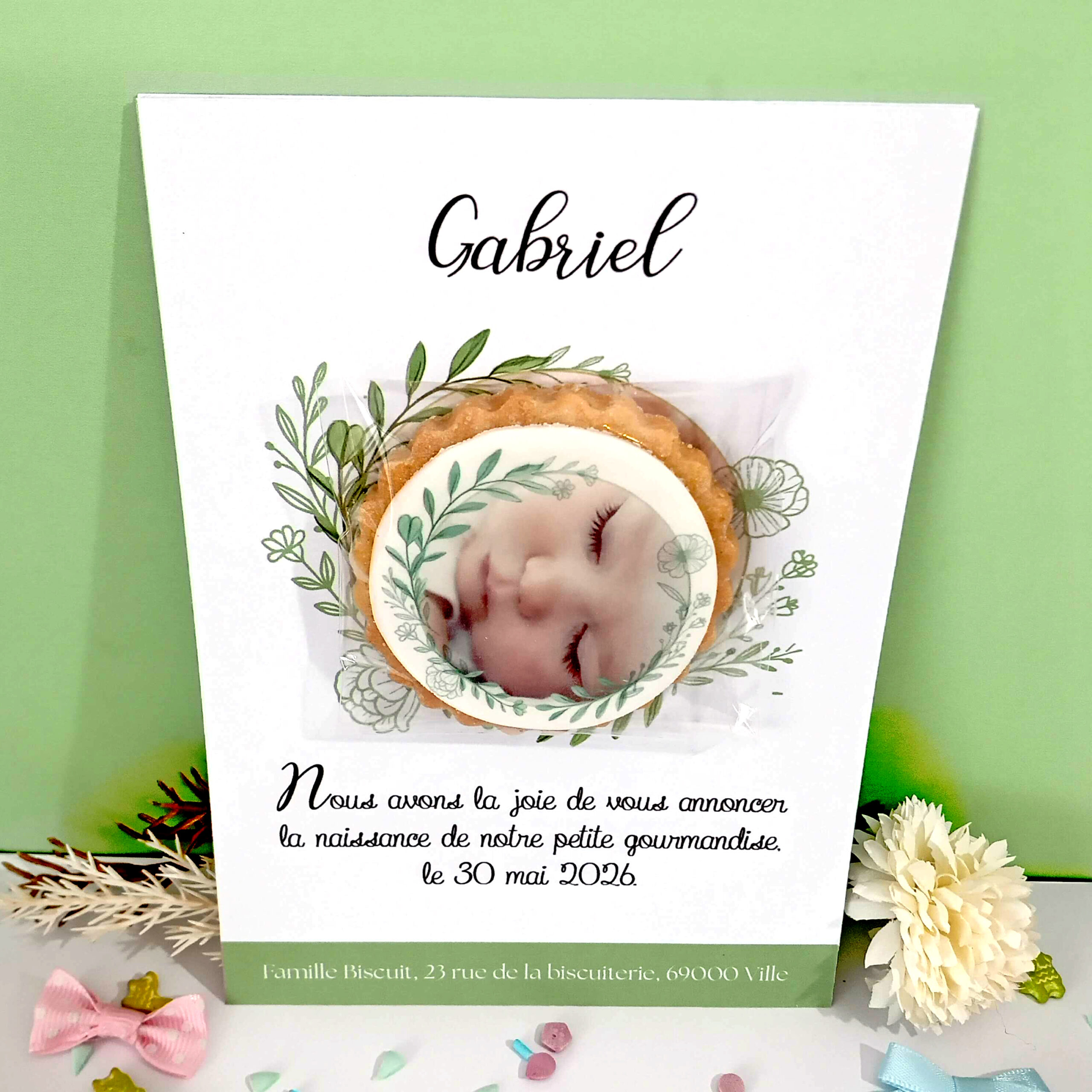 faire-part-naissance-biscuit-decoratif-porcelaine-froide-couronne-vegetale-verte-fleuri-original