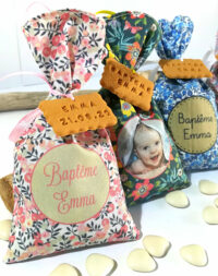Sachet de dragées, thème liberty – Personnalisé avec texte/photo de bébé