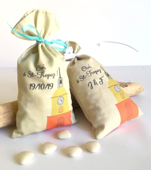 Sachet de dragées en tissu, personnalisé thème Saint tropez, mariage, ocre