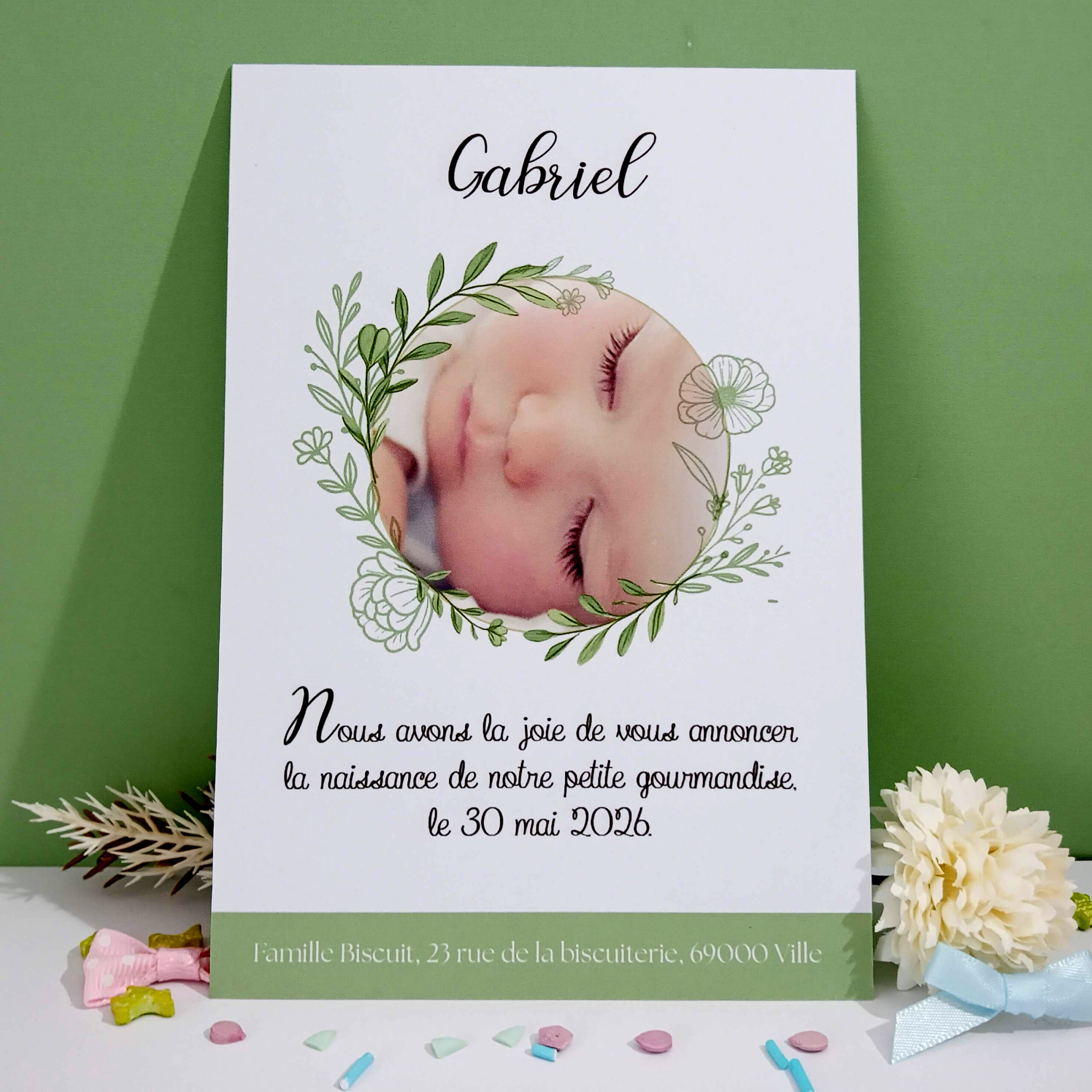 biscuit-annonce-naissance-style-poetique-champetre-fleur-verte