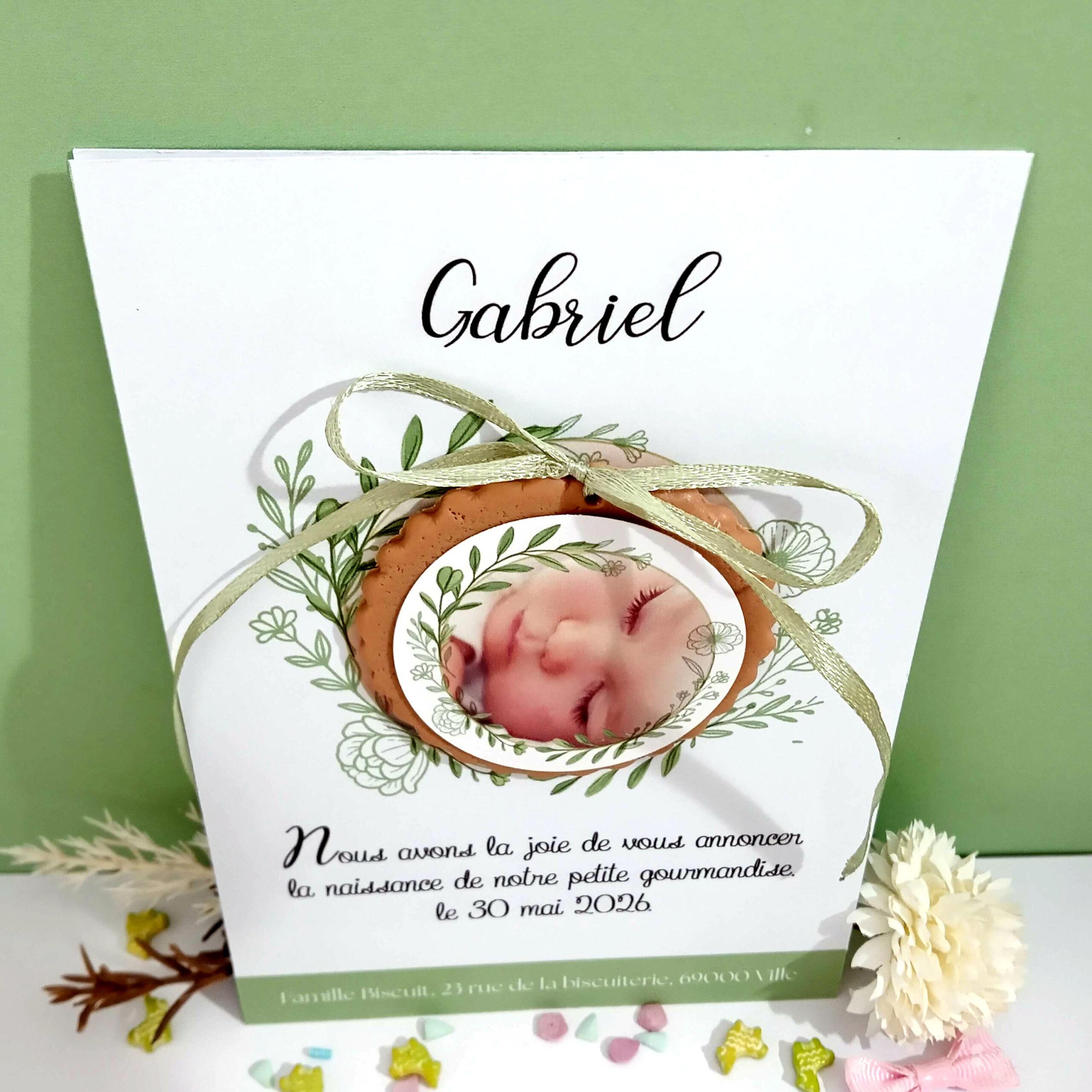faire-part-biscuit-decoratif-porcelaine-froide-naissance-bebe-vegetal-vert-fleuri-couronne-mode-tendance