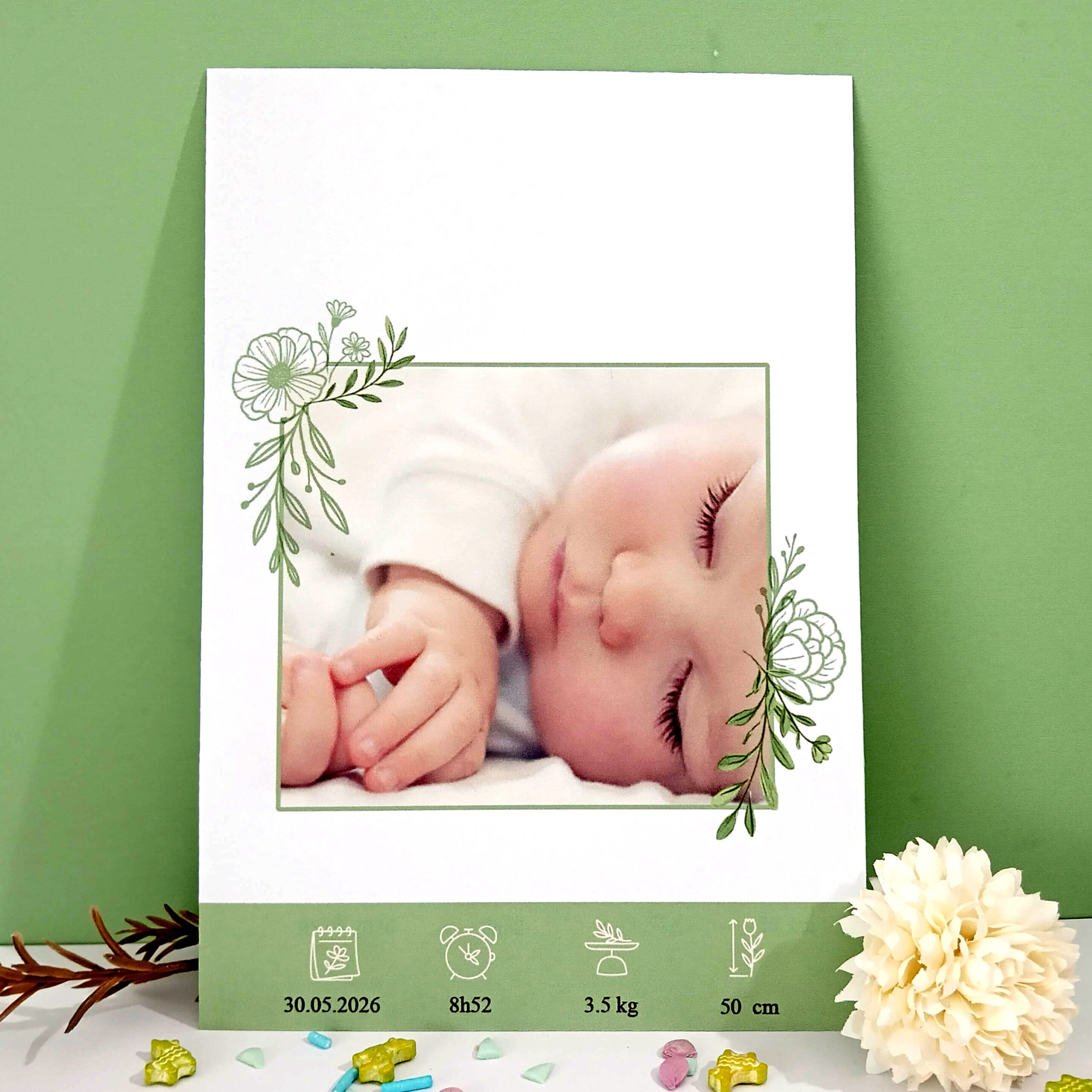 faire-part-biscuit-decoratif-porcelaine-froide-naissance-bebe-vegetal-vert-fleuri-original-couronne-mode-tendance