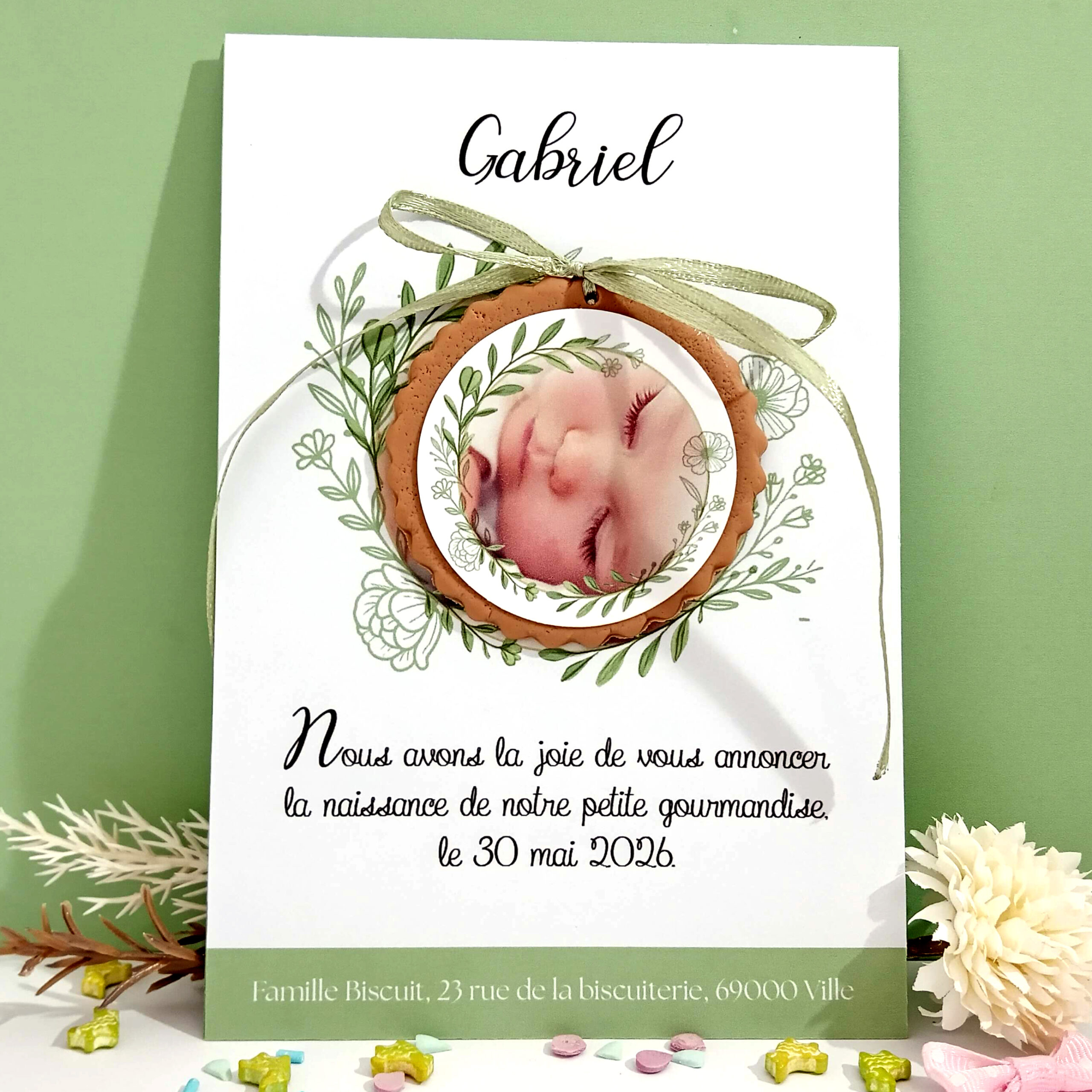 faire-part-biscuit-decoratif-porcelaine-froide-naissance-bebe-vegetal-vert-fleuri-rectanguleire-couronne-mode-tendance-gourmandise