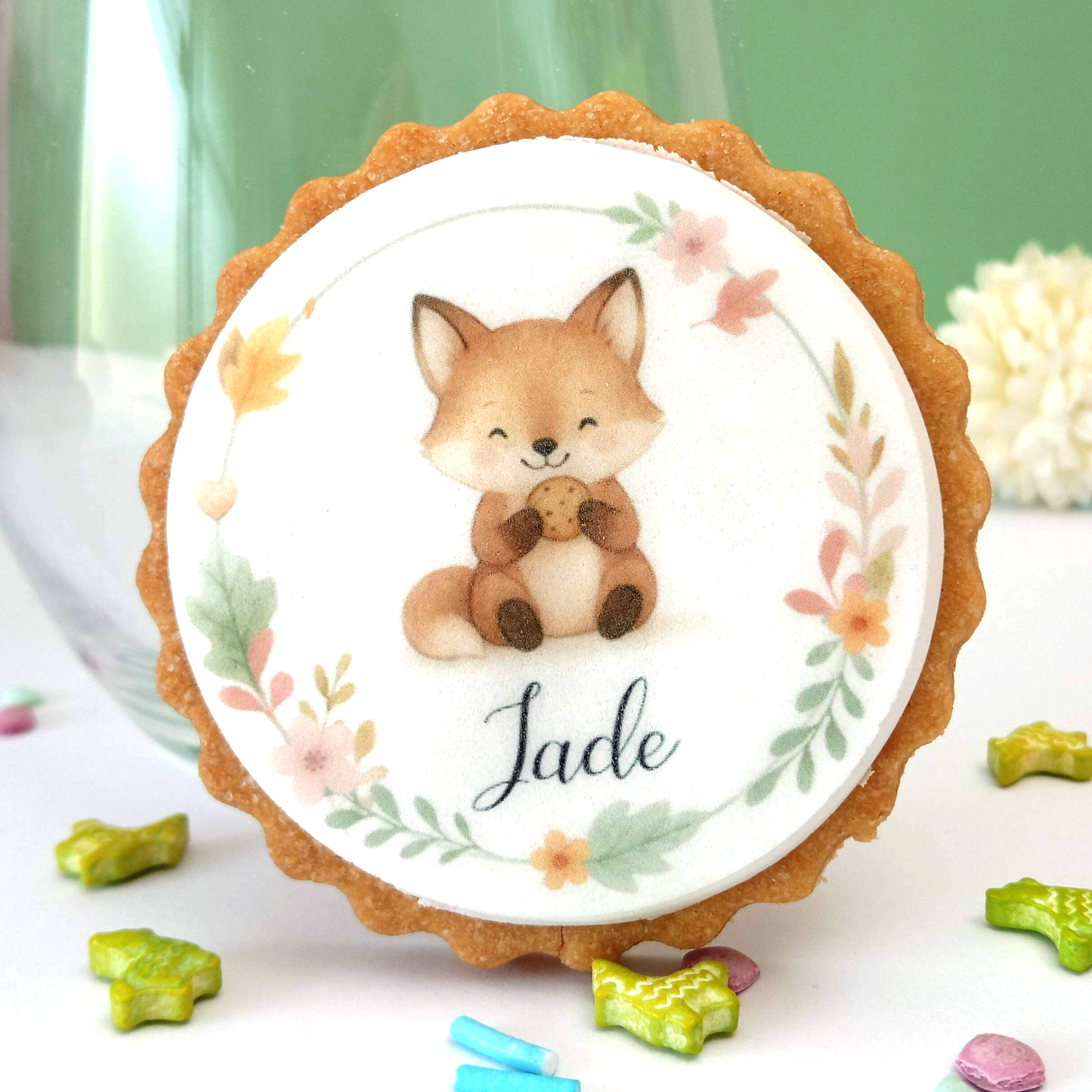 biscuit-sable-naissance-mixte-illustration-renard-avec-couronne-de-fleur-douceur