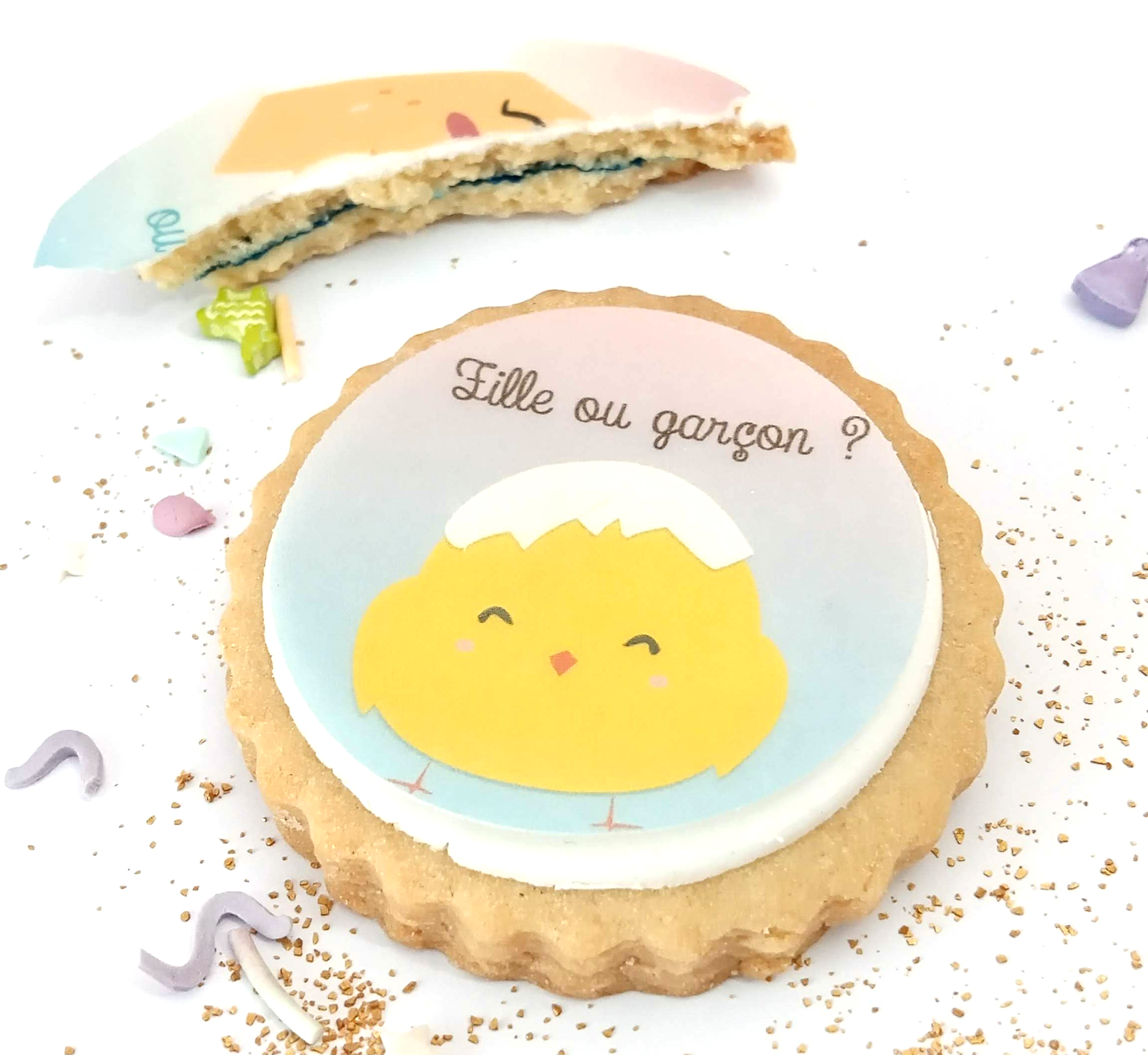 idee-original-mignone-biscuit-gender-reveal-fille-garcon-poussin-poule-rose-bleu-sable-gourmand