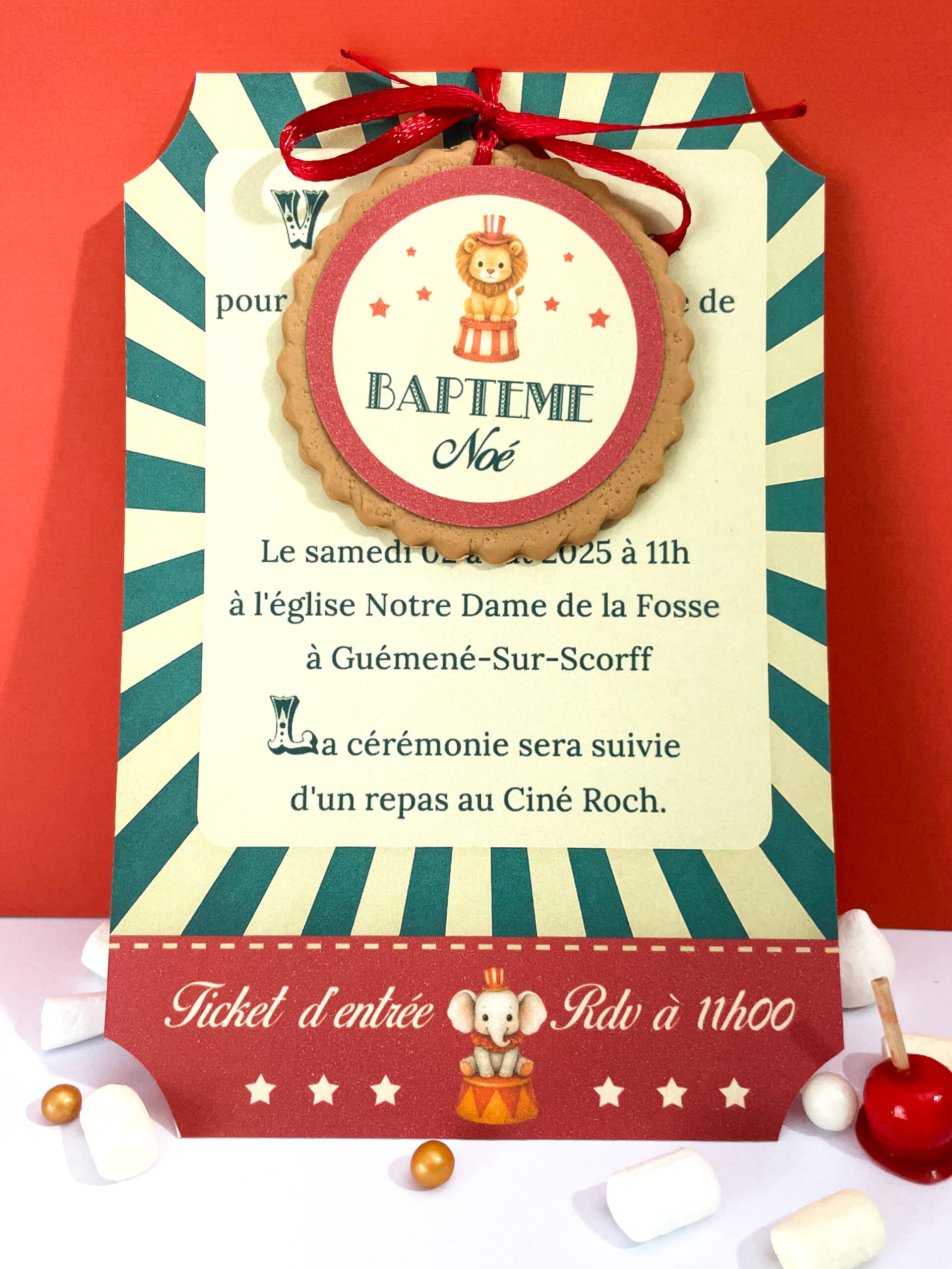 Faire-part-invitation bapteme-theme-cirque-illustration-lion-vintage