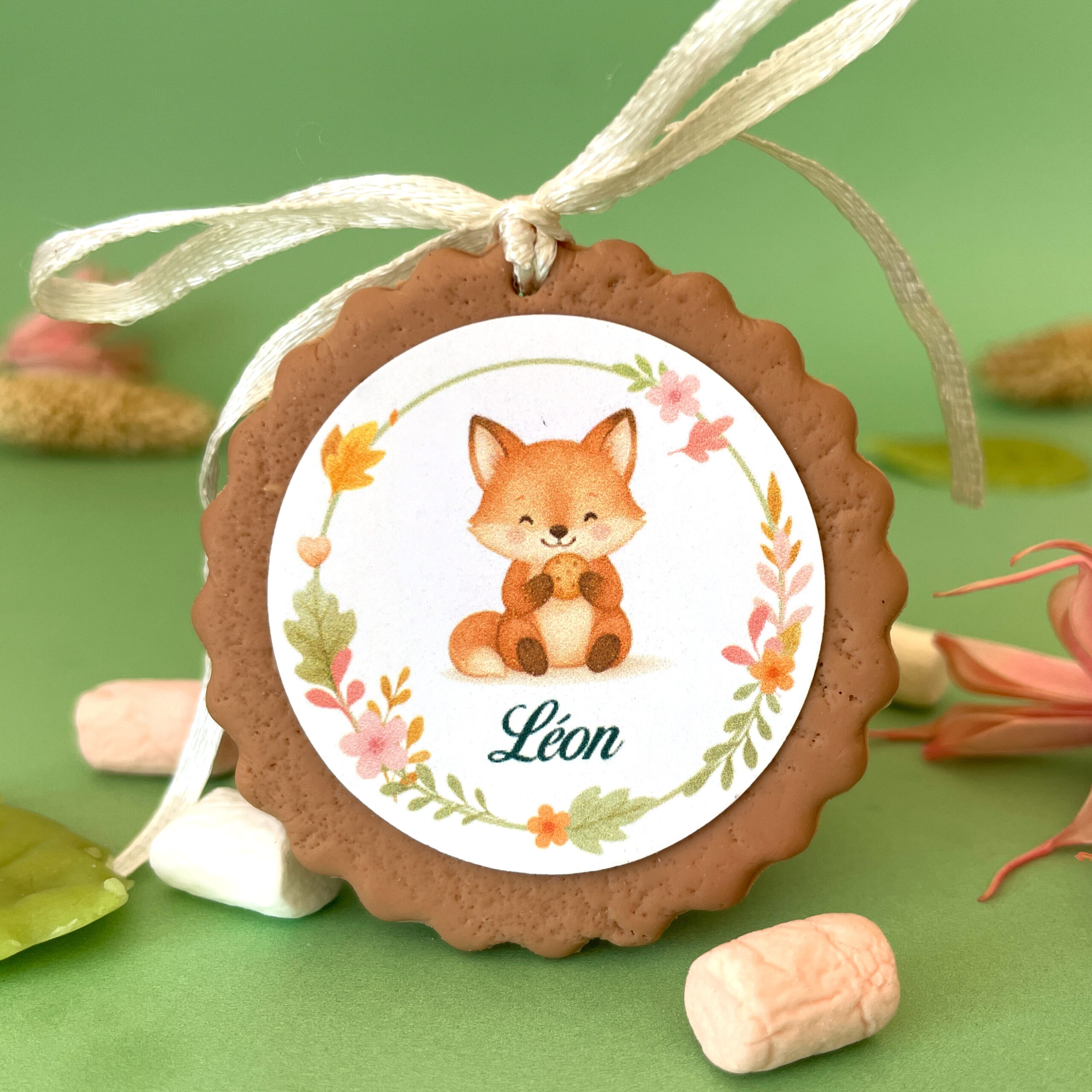 decoration-pour-ponhco-dragees-de-bapteme-renard-avec-couronne-vegetale-vert-jaune--orange