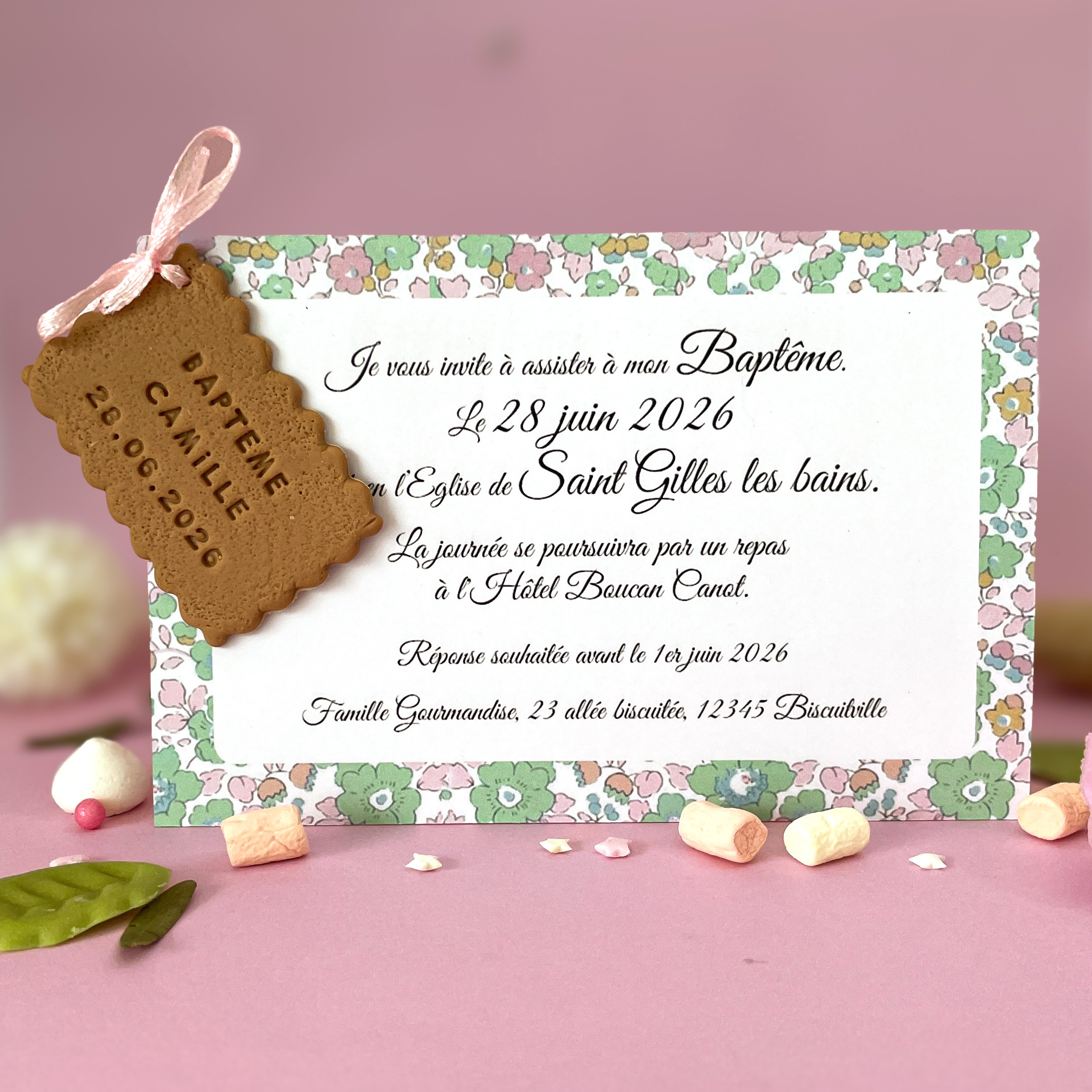 faire-part-bapteme-fille-liberty-vert-et-rose-avec-biscuit-personnalise