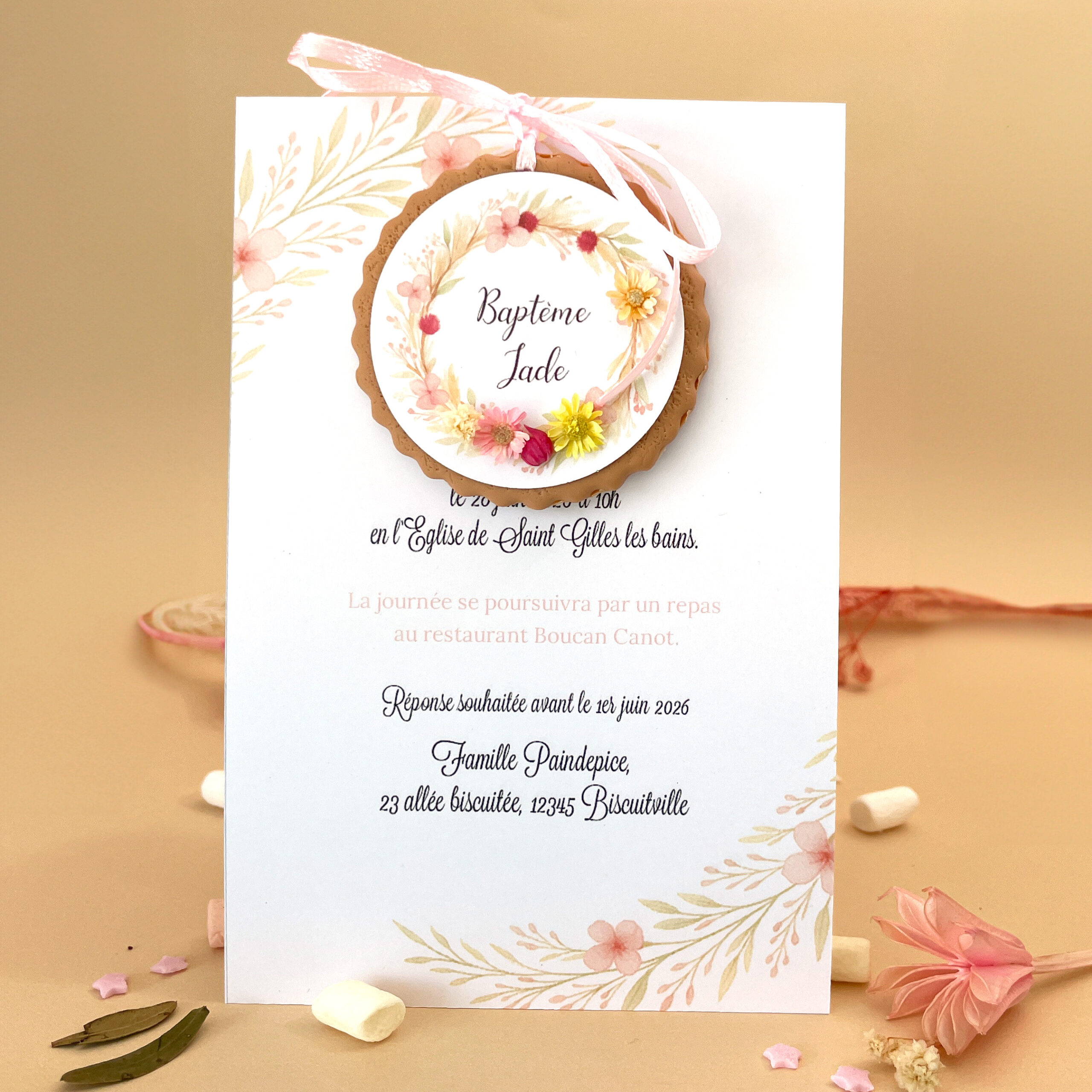 faire-part-de-bapteme-elegant-avec-biscuit-personnalise-decore-avec-une-couronne-de-fleur-delicate-et-moderne-coloris-rose-beige-naturel