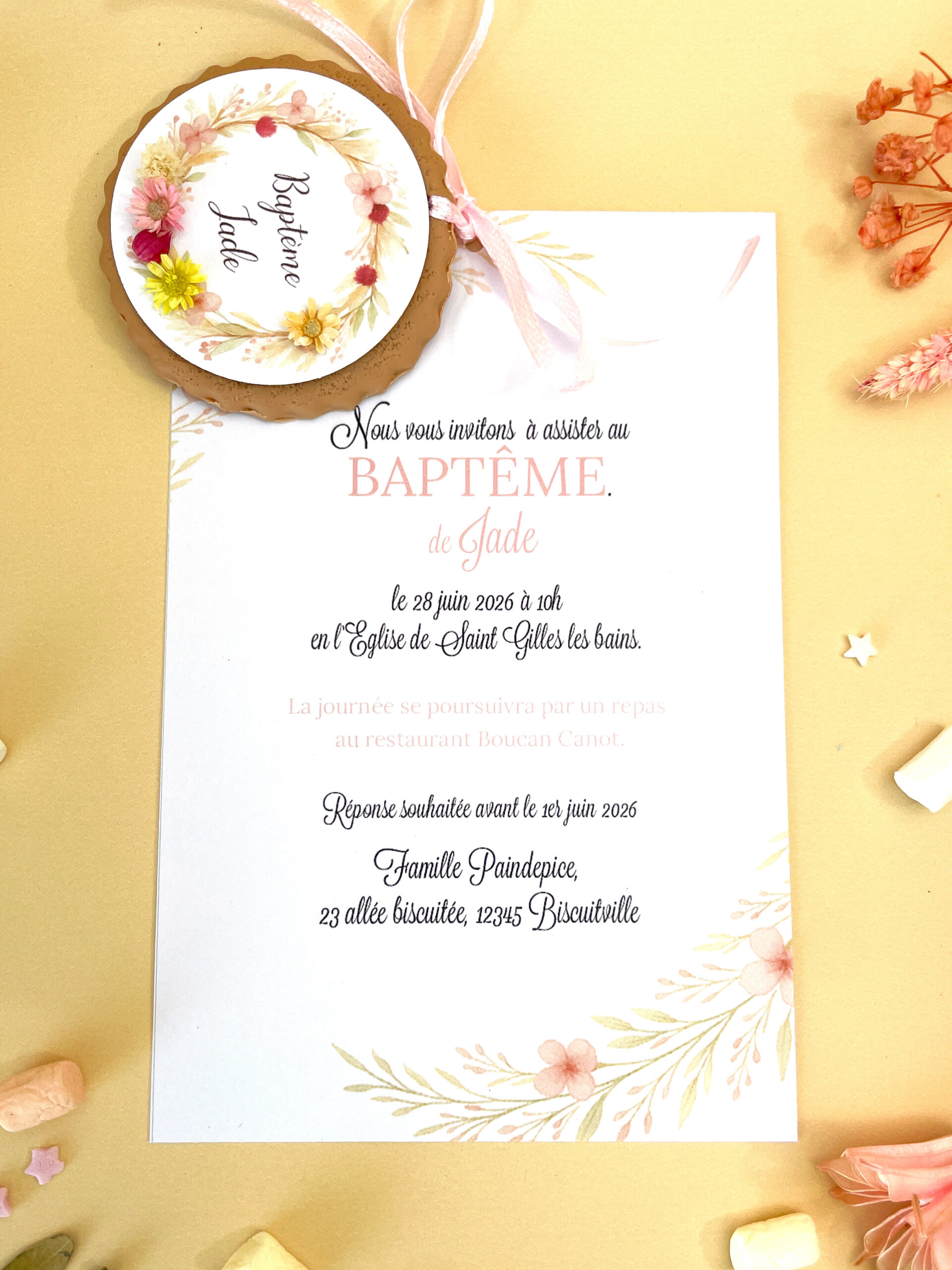 faire-part-de-bapteme-mature-avec-biscuit-personnalise-decore-avec-une-couronne-de-en-fleur-seche-romantique-simple-unique