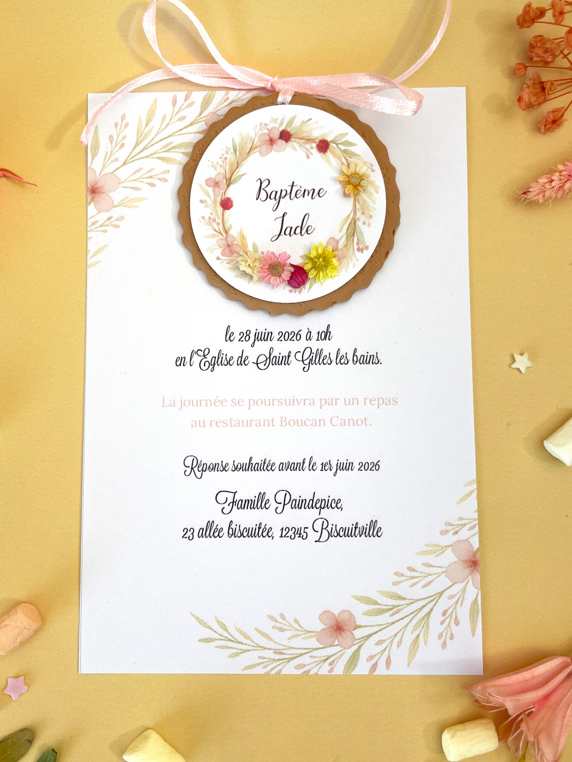 faire-part-de-naissance-petit-fille-original-elegant-avec-une-couronne-de-fleur-delicate-en-fleur-seche-creation-artisanale