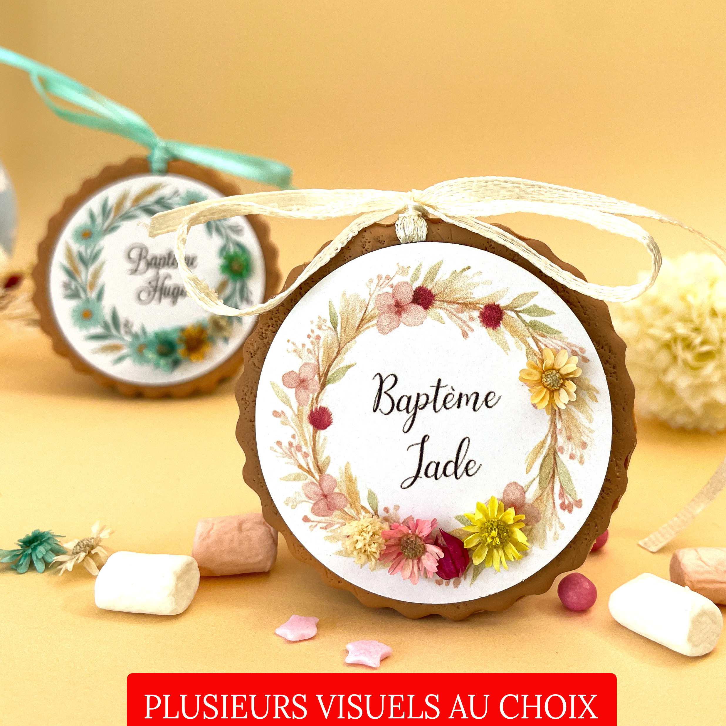 decoration-pour-poncho-dragees-de-bapteme-avec-couronne-vegetale-marguerite-rose-jaune-en-fleur-sechee